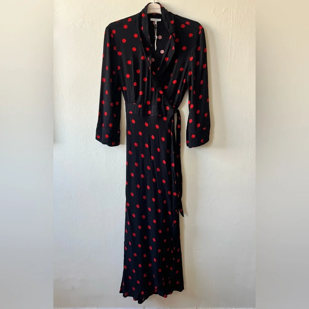 Ganni Black and Red Cowl Neck Wrap Dress - Picture 2 of 8